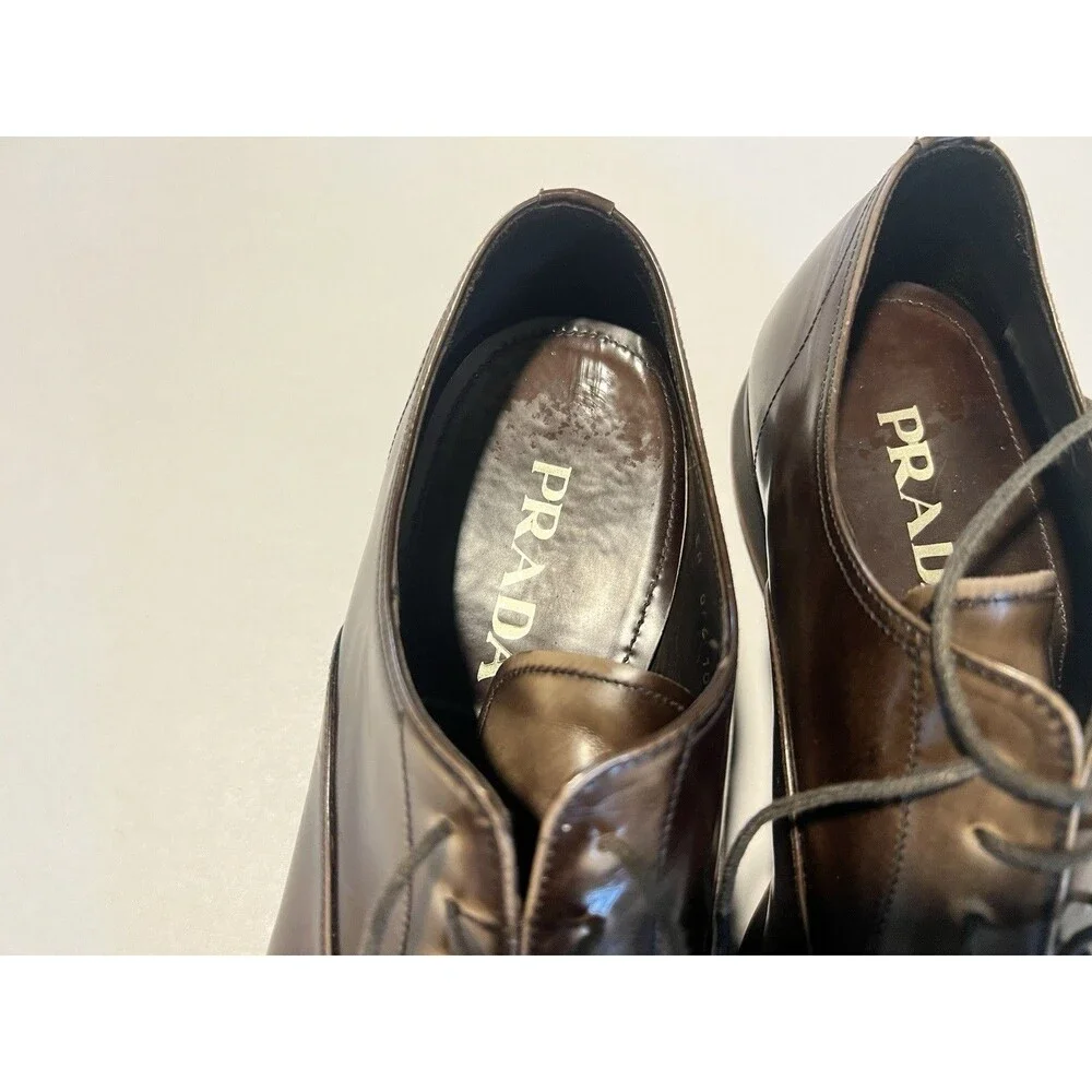 Prada leather Shoes Men 10 Brown Lace Oxford - Picture 3 of 12